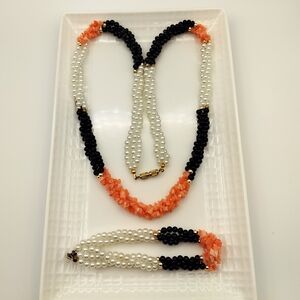 Vintage Black, White, and Orange Beaded Necklace and Bracelet Set